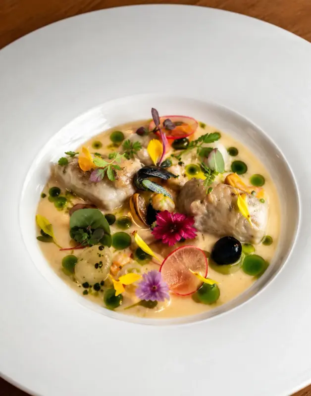 Pescado en caldo floral